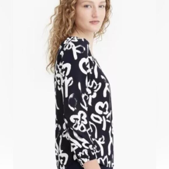 J Crew Floral Brush Stroke Top Sz 6 Crepe Navy Ivory Puff Sleeves Square Neck‎ - Picture 3 of 11